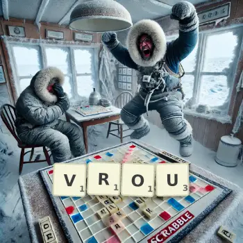 Creative illustration for a Scrabble game with the word VROU spelled out in tiles on the board.