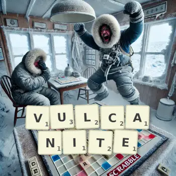 Creative illustration for a Scrabble game with the word VULCANITE spelled out in tiles on the board.