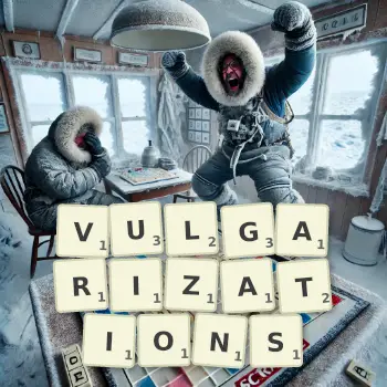 Creative illustration for a Scrabble game with the word VULGARIZATIONS spelled out in tiles on the board.