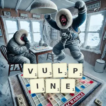 Creative illustration for a Scrabble game with the word VULPINE spelled out in tiles on the board.