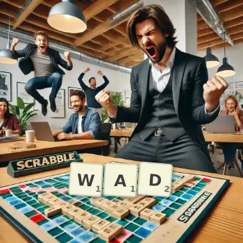 Creative illustration for a Scrabble game with the word WAD spelled out in tiles on the board.