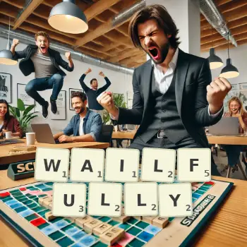 Creative illustration for a Scrabble game with the word WAILFULLY spelled out in tiles on the board.