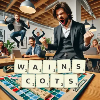 Creative illustration for a Scrabble game with the word WAINSCOTS spelled out in tiles on the board.