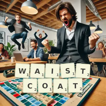Creative illustration for a Scrabble game with the word WAISTCOAT spelled out in tiles on the board.