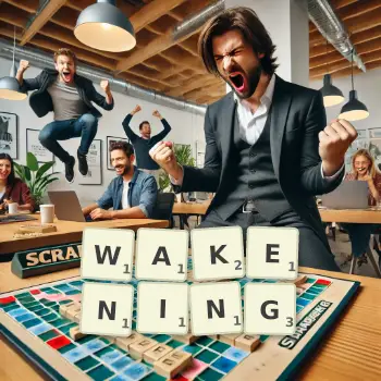 Creative illustration for a Scrabble game with the word WAKENING spelled out in tiles on the board.