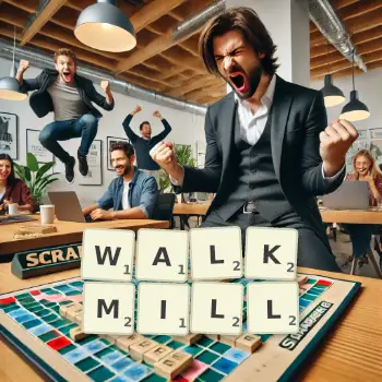 Creative illustration for a Scrabble game with the word WALKMILL spelled out in tiles on the board.