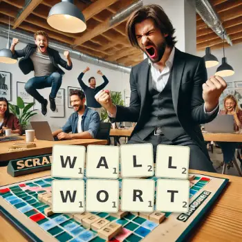 Creative illustration for a Scrabble game with the word WALLWORT spelled out in tiles on the board.