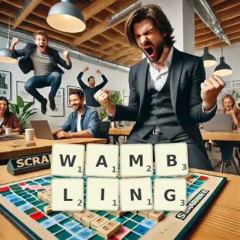 Creative illustration for a Scrabble game with the word WAMBLING spelled out in tiles on the board.