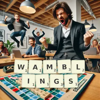 Creative illustration for a Scrabble game with the word WAMBLINGS spelled out in tiles on the board.