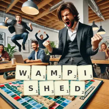 Creative illustration for a Scrabble game with the word WAMPISHED spelled out in tiles on the board.