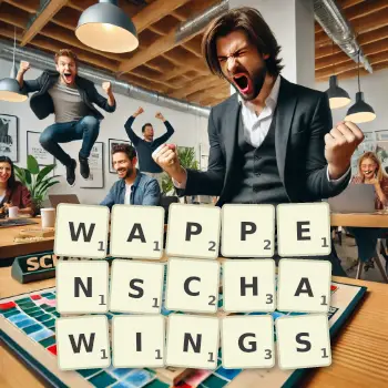 Creative illustration for a Scrabble game with the word WAPPENSCHAWINGS spelled out in tiles on the board.