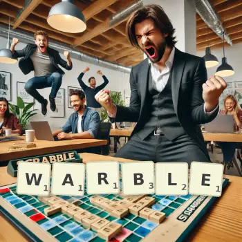 Creative illustration for a Scrabble game with the word WARBLE spelled out in tiles on the board.