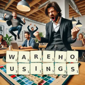 Creative illustration for a Scrabble game with the word WAREHOUSINGS spelled out in tiles on the board.