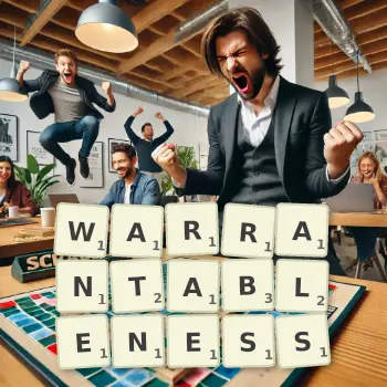 Creative illustration for a Scrabble game with the word WARRANTABLENESS spelled out in tiles on the board.