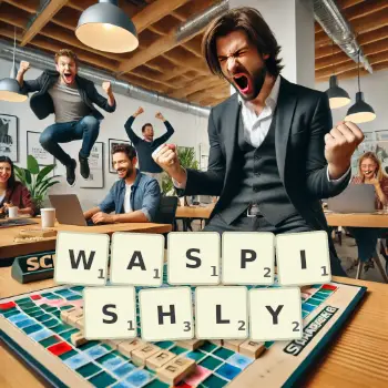 Creative illustration for a Scrabble game with the word WASPISHLY spelled out in tiles on the board.