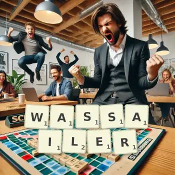 Creative illustration for a Scrabble game with the word WASSAILER spelled out in tiles on the board.