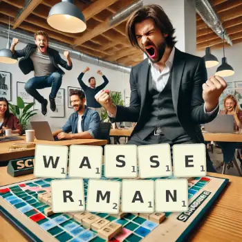 Creative illustration for a Scrabble game with the word WASSERMAN spelled out in tiles on the board.