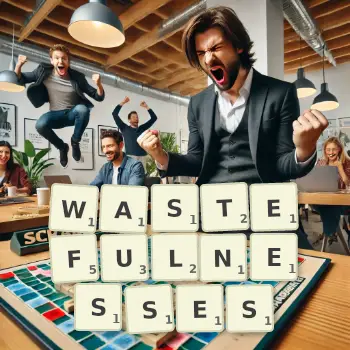 Creative illustration for a Scrabble game with the word WASTEFULNESSES spelled out in tiles on the board.
