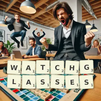 Creative illustration for a Scrabble game with the word WATCHGLASSES spelled out in tiles on the board.