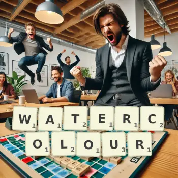 Creative illustration for a Scrabble game with the word WATERCOLOUR spelled out in tiles on the board.