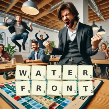 Creative illustration for a Scrabble game with the word WATERFRONT spelled out in tiles on the board.