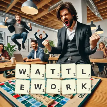 Creative illustration for a Scrabble game with the word WATTLEWORK spelled out in tiles on the board.