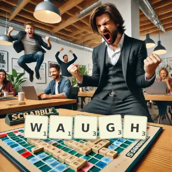 Creative illustration for a Scrabble game with the word WAUGH spelled out in tiles on the board.