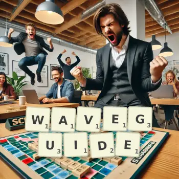 Creative illustration for a Scrabble game with the word WAVEGUIDE spelled out in tiles on the board.