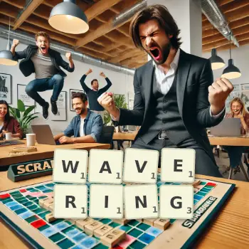 Creative illustration for a Scrabble game with the word WAVERING spelled out in tiles on the board.