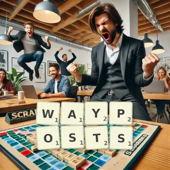 Creative illustration for a Scrabble game with the word WAYPOSTS spelled out in tiles on the board.