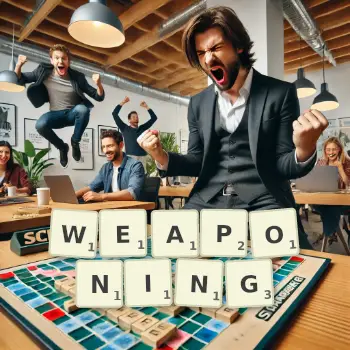 Creative illustration for a Scrabble game with the word WEAPONING spelled out in tiles on the board.