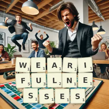 Creative illustration for a Scrabble game with the word WEARIFULNESSES spelled out in tiles on the board.