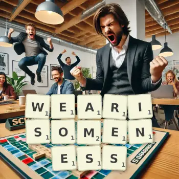 Creative illustration for a Scrabble game with the word WEARISOMENESS spelled out in tiles on the board.