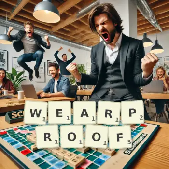 Creative illustration for a Scrabble game with the word WEARPROOF spelled out in tiles on the board.