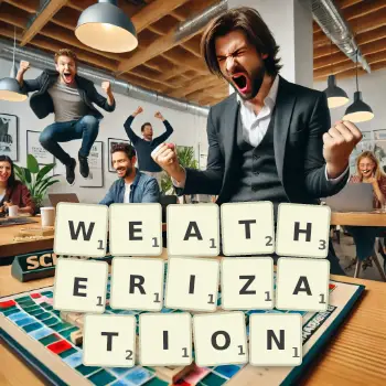 Creative illustration for a Scrabble game with the word WEATHERIZATION spelled out in tiles on the board.