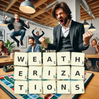 Creative illustration for a Scrabble game with the word WEATHERIZATIONS spelled out in tiles on the board.