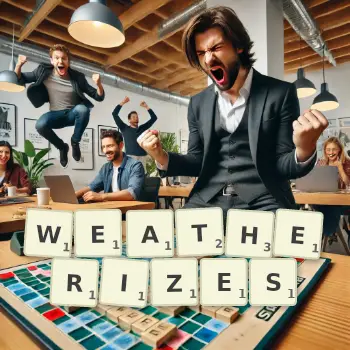 Creative illustration for a Scrabble game with the word WEATHERIZES spelled out in tiles on the board.