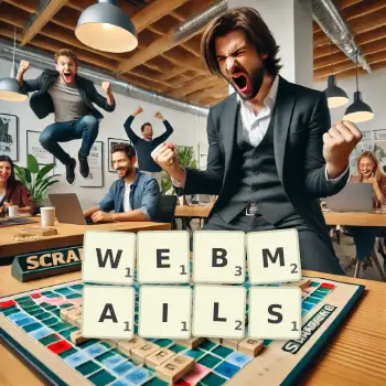 Creative illustration for a Scrabble game with the word WEBMAILS spelled out in tiles on the board.