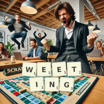 Creative illustration for a Scrabble game with the word WEETING spelled out in tiles on the board.