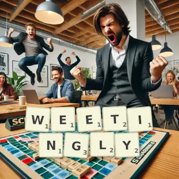 Creative illustration for a Scrabble game with the word WEETINGLY spelled out in tiles on the board.
