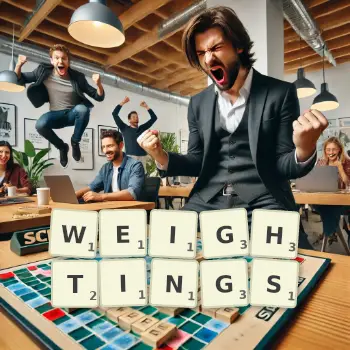 Creative illustration for a Scrabble game with the word WEIGHTINGS spelled out in tiles on the board.