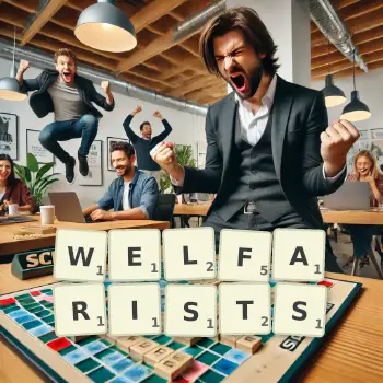 Creative illustration for a Scrabble game with the word WELFARISTS spelled out in tiles on the board.