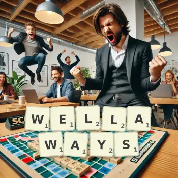 Creative illustration for a Scrabble game with the word WELLAWAYS spelled out in tiles on the board.