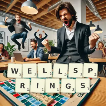Creative illustration for a Scrabble game with the word WELLSPRINGS spelled out in tiles on the board.