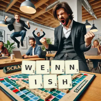 Creative illustration for a Scrabble game with the word WENNISH spelled out in tiles on the board.