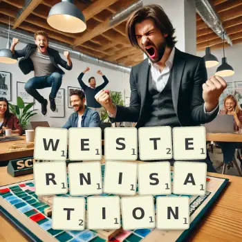 Creative illustration for a Scrabble game with the word WESTERNISATION spelled out in tiles on the board.