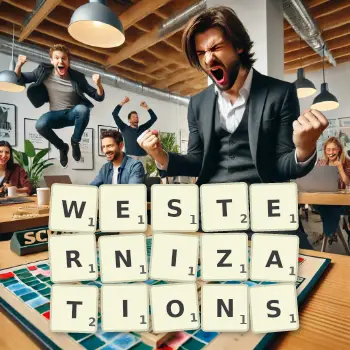 Creative illustration for a Scrabble game with the word WESTERNIZATIONS spelled out in tiles on the board.