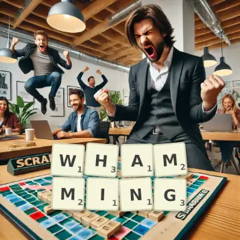 Creative illustration for a Scrabble game with the word WHAMMING spelled out in tiles on the board.