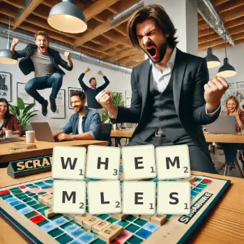 Creative illustration for a Scrabble game with the word WHEMMLES spelled out in tiles on the board.