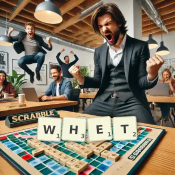 Creative illustration for a Scrabble game with the word WHET spelled out in tiles on the board.